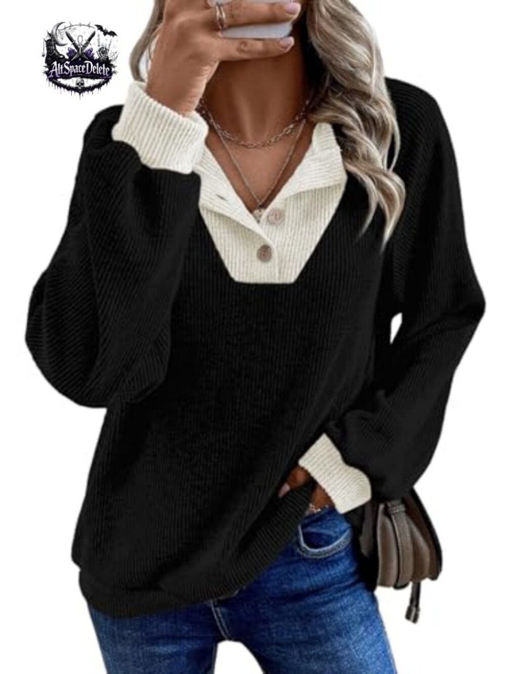 V Neck Button Detail Womens Sweatshirt Long Sleeve Fall Pullover Top